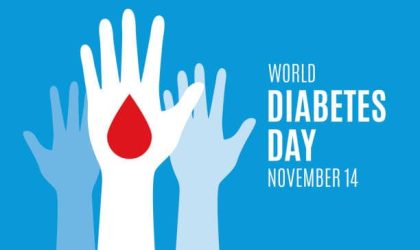 Human hands up and drop of blood icon vector isolated on a blue background. November 14. Important day